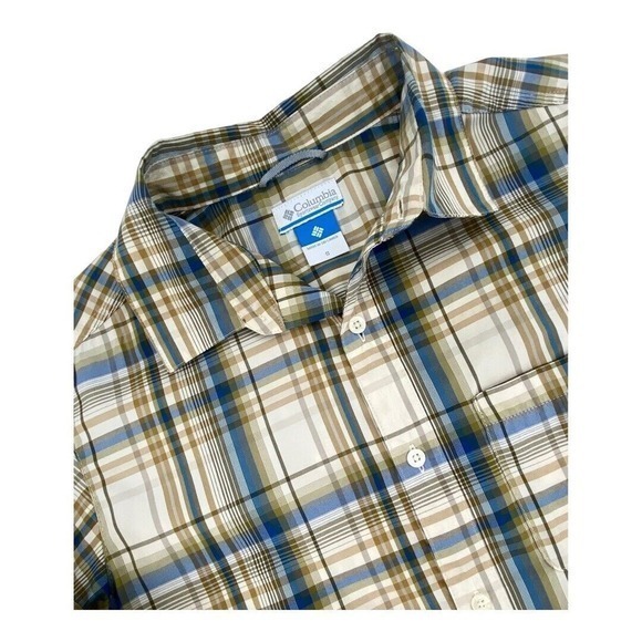 Columbia Blue and‎ Tan Plaid Long Sleeve Shirt Polyester Nylon Blend Mens S - Picture 2 of 10
